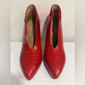 Joan Oloff “Dorsey” Red Embossed Crocodile Suede Back Heeled Booties – Size 10